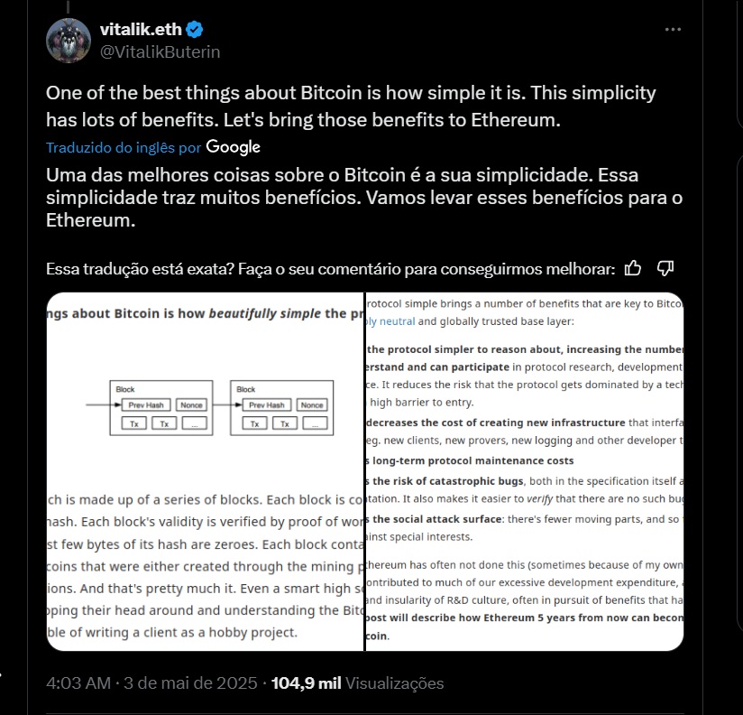 vatelik-buterin-elogia-o-bitcoin-por-sua-simplicidade Vitalik Buterin Propõe Simplificação do Ethereum com Redesenho Inspirado no Bitcoin